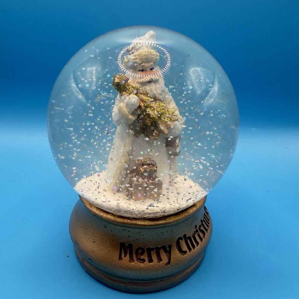 Vintage Santa Christmas Snow Globe Merry Christmas Gold Base 5.5” Holiday Decor
